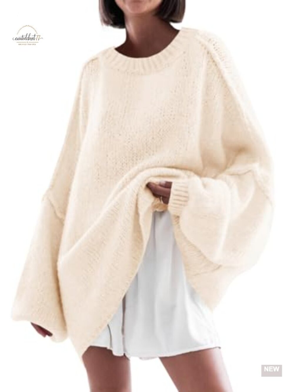 Oversized Crewneck Tunic Sweater Lantern Sleeve Knit Pullover